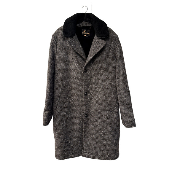 Huckberry Vintage XL Tweed 100% Wool Shearling Coat $550 Long Jacket Black Gray - Picture 2 of 13